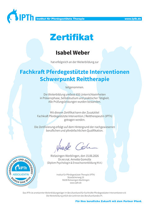 Zertifikat: Fachkraft Pferdegestützte Interventionen – Schwerpunkt Reittherapie (IPTh)