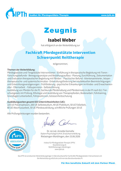 Zeugnis: Fachkraft Pferdegestützte Intervention – Schwerpunkt Reittherapie (IPTh)